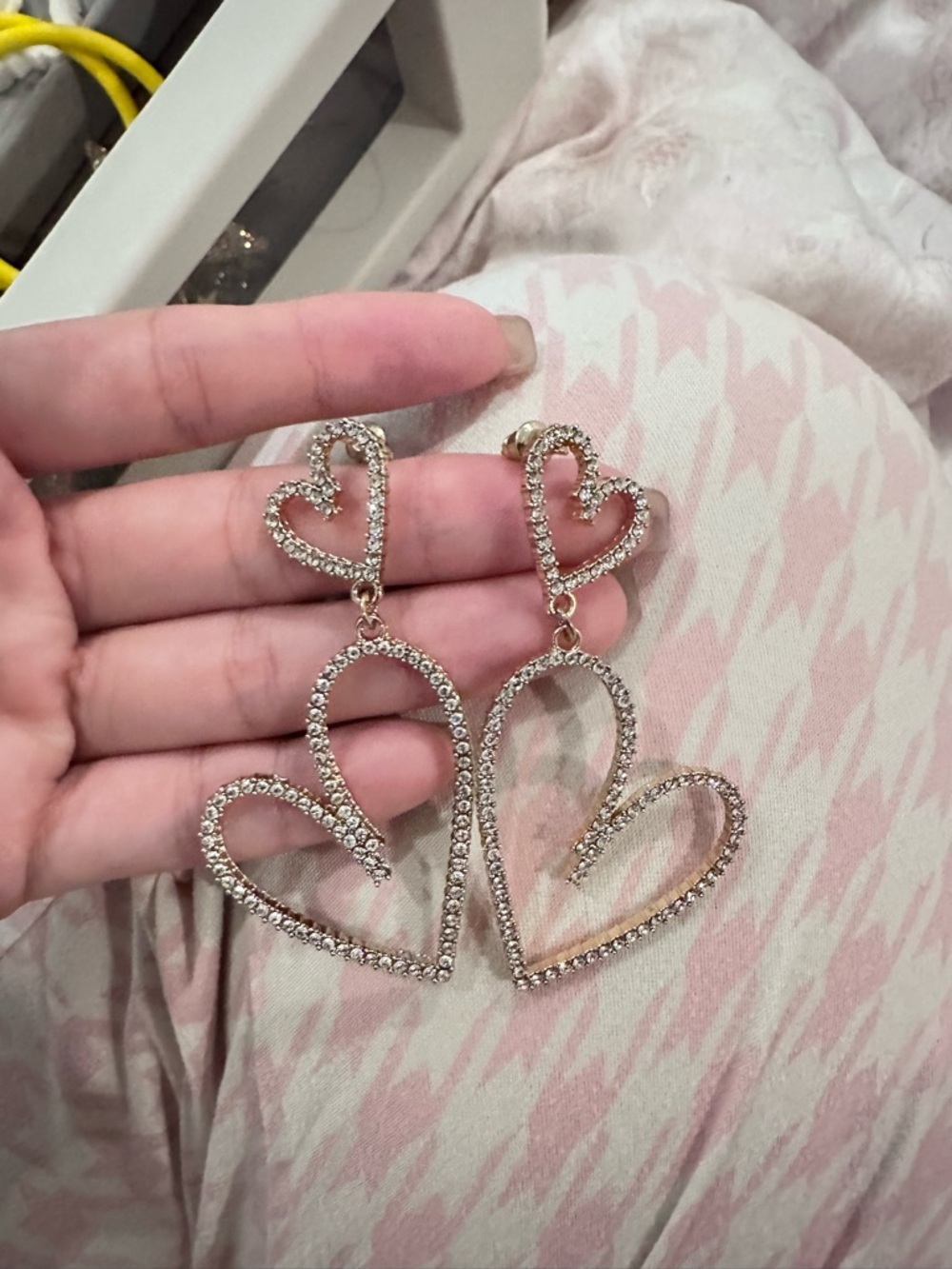 Rhinestone Heart Drop Earrings - Pink Gold Tone